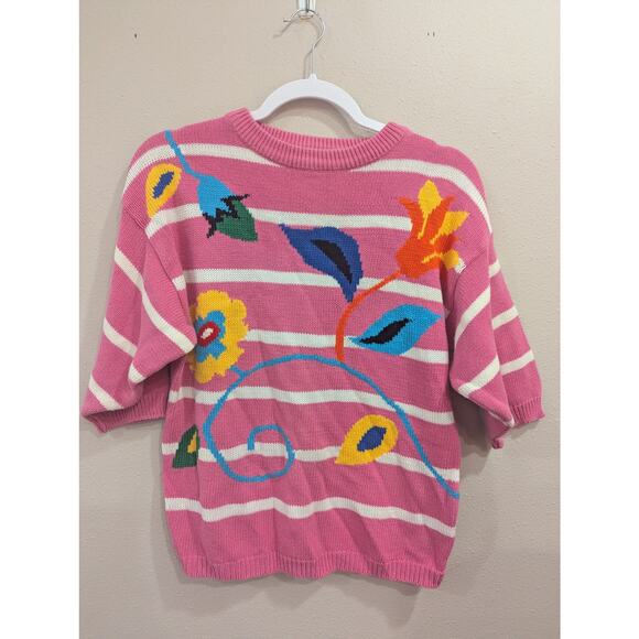 VINTAGE 1980s Short sleeve pink & white striped sweater w/floral graphic knit S - Picture 1 of 8
